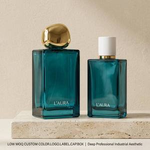 Flacon de parfum en verre vert turquoise profond avec capuchon sculpté doré 100 ml, emballage de parfum en spray, pot <span class=keywords><strong>cosmétique</strong></span> vide, huile essentielle en vrac - Product Image 1