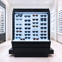 Présentoir à lunettes moderne noir et bleu avec panneau arrière en verre, étagères et base noire, certifié CE ETL pour magasin d'optique