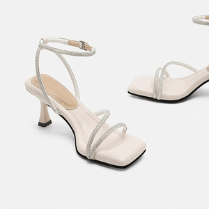 Sandali con <span class=keywords><strong>Tacco</strong></span> Alto Y 35-40 <span class=keywords><strong>Beige</strong></span> Nero Argento per Donne, <span class=keywords><strong>Scarpe</strong></span> con Punta Quadrata e Strass - Product Image 3