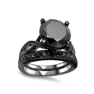 14k Black Plated 925 Sterling Silver Wedding Ring Black Diamond Ring Set