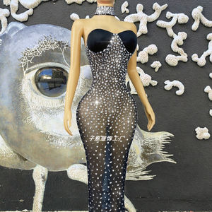 Robe de soirée élégante sans bretelles, longue, en maille transparente, avec strass étincelants, tenue sexy pour le tapis rouge - Product Image 2