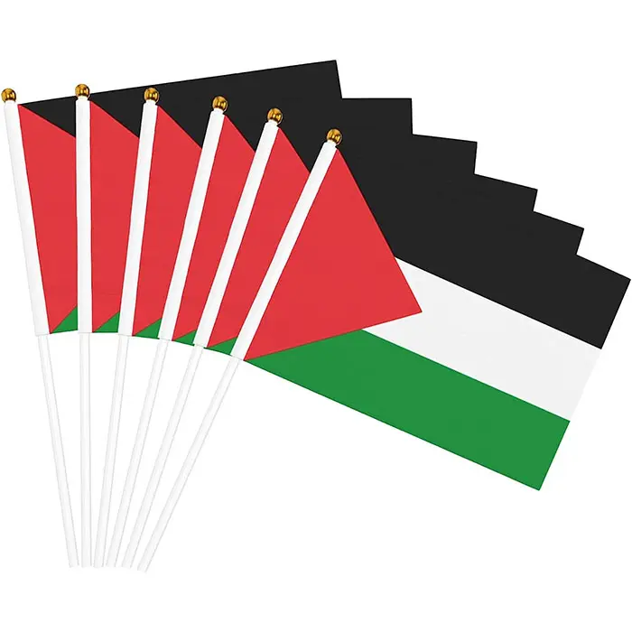 Vente en gros Résistant à la décoloration 14x21cm Polyester Rouge Noir Blanc Vert Palestinien Palestine mini drapeau agitant la main avec bâton