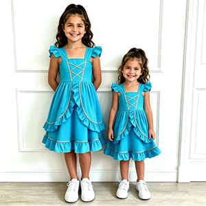 Robe de princesse bleu turquoise <span class=keywords><strong>pour</strong></span> filles, manches bouffantes, bordure dorée croisée, <span class=keywords><strong>jupe</strong></span> à volants superposés, robes décontractées <span class=keywords><strong>pour</strong></span> enfants, robes de fête <span class=keywords><strong>pour</strong></span> enfants - Product Image 4