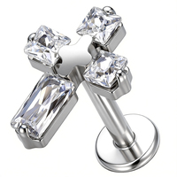 Clous de piercing labret en titane TT ASTM F136 16G avec incrustation de zircone cubique en forme de croix, qualité implant G23, pour oreille, tragus, hélix, cartilage, bijoux de piercing corporel