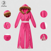 Ensemble de survêtement personnalisé pour femme, veste courte zippée à capuche en fausse fourrure, pantalon large fendu, tenue deux pièces, streetwear Y2K