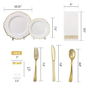 カスタム150個175pcs白と金の食器セット結婚式のプラスチックプレート金のプラスチック食器セット