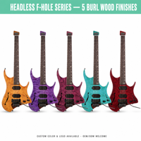 Guitare électrique sans tête à trous en F, en bois de burl, multi-échelle, avec trémolo, personnalisable (OEM/ODM), couleur et logo sur mesure, directement de l'usine