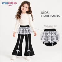 Smiledotkids Pantalon évasé personnalisé pour tout-petits et enfants, noir, avec superposition en dentelle et tulle, nœud, marque privée, faible MOQ, OEM, ODM, vente en gros