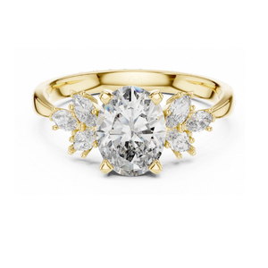 แหวนหมั้นเพชรทรงรี E VVS2 รับรองโดย IGI เพชรเพาะเลี้ยงในห้องปฏิบัติการ ตัวเรือนทองคำแท้ ประดับเพชรทรงมาร์คีส์แบบคลัสเตอร์ ดีไซน์แรงบันดาลใจจากธรรมชาติ แหวนแต่งงาน - Product Image 1