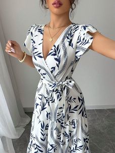 女式优雅时尚通勤迷人度假沙滩派对领带腰褶边短袖一线印花连衣裙 - Product Image 6