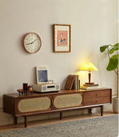 Mueble de TV Moderno de Mediados de Siglo, Madera Sólida con Panel de Mimbre, Almacenamiento, Mueble para Sala de Estar, Diseño de Montaje en Suelo