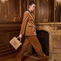 Ensemble de costume en velours imprimé léopard pour femme, veste blazer à double boutonnage et pantalon évasé, tenue de soirée formelle pour le bureau, 2 pièces