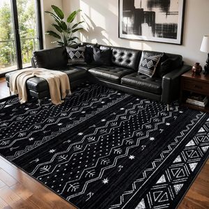 Tapis géométrique marocain bohème extra large noir et blanc, doux, lavable, antidérapant pour salle de jeux, chambre à coucher, décoration de salon - Product Image 2
