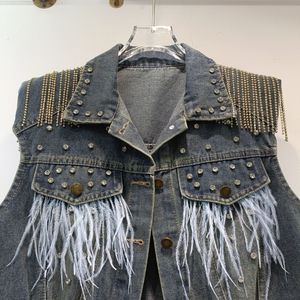 Camiseta sin mangas corta informal sin mangas para <span class=keywords><strong>mujer</strong></span> 2025 nuevo estilo coreano con chaleco vaquero con borlas de diamantes de imitación de retazos de plumas - Product Image 2