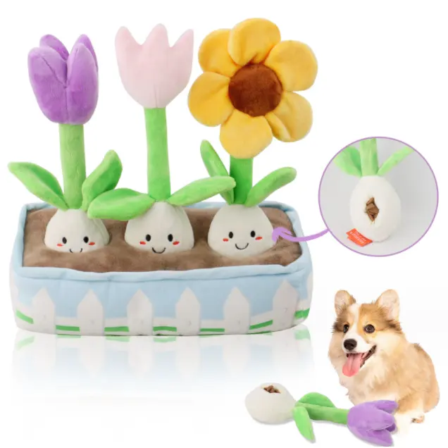 Juguete interactivo de comida para mascotas-Rompecabezas de flores Squeaker Juguete de peluche para perros Alivia el aburrimiento y promueve la estimulación mental