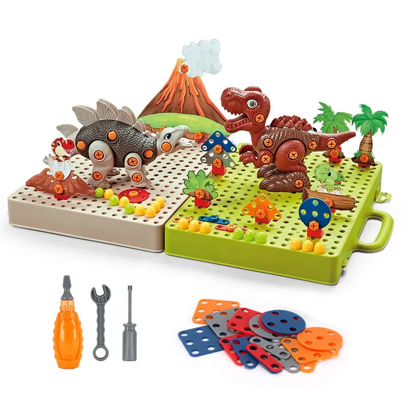 Multi-functional kids tools toy STEM creative DIY screw puzzle 3D screwdrivers disassembly dinosaur toy with jigsaw storage box