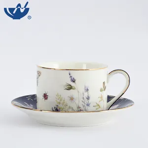 Ensemble de tasses à café à bord doré personnalisé Ensemble de soucoupe de tasse à thé en céramique plate en porcelaine fine de luxe