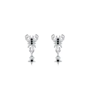 Hip-hop cool retro punk style black zircon inlaid earrings S925 sterling silver rhodium plated scorpion stud earrings