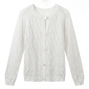 Cardigan <span class=keywords><strong>blanc</strong></span> ajouré élégant pour femme, style français, en maille pointelle, boutonné, pour tenues scintillantes, vente en gros - Product Image 1