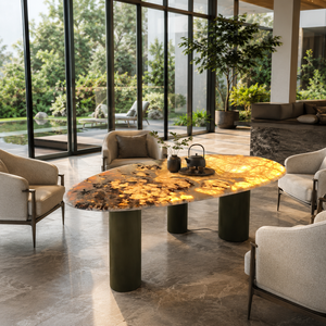 Table à manger personnalisée en quartz Pandora rétroéclairé, plateau ovale, style moderne, 6 places, pieds en métal, mobilier en pierre - Product Image 4