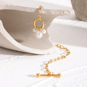 Pearl Bracelet 18k Gold Plated Stainless Steel <b>Toggle</b> Clasp White Pearls Women's Everyday Wear Jewelry Yiwu Origin - Product Image 3