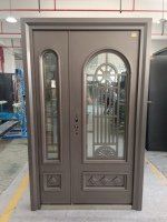 Porte d'entrée moderne en acier et bois, en fer forgé, avec vitrage, porte extérieure de sécurité, dotée d'une surface ignifugée, ouverture manuelle
