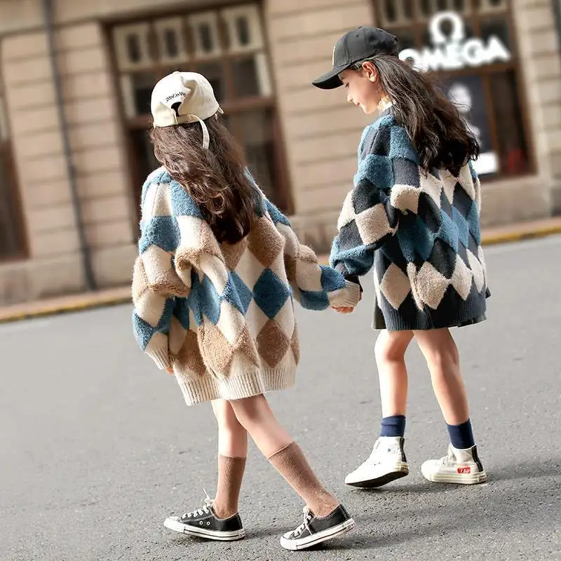 Новый дизайн От 3 до 8 лет для девочек, модные хлопковые винтажные утепленные красочные геометрические трикотажная одежда; Пальто-свитер для детей