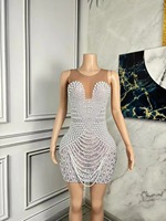 Robe de soirée élégante en perles blanches et strass pour femme, sexy, en maille, pour bal de promo, anniversaire, séance photo, spectacle sur scène