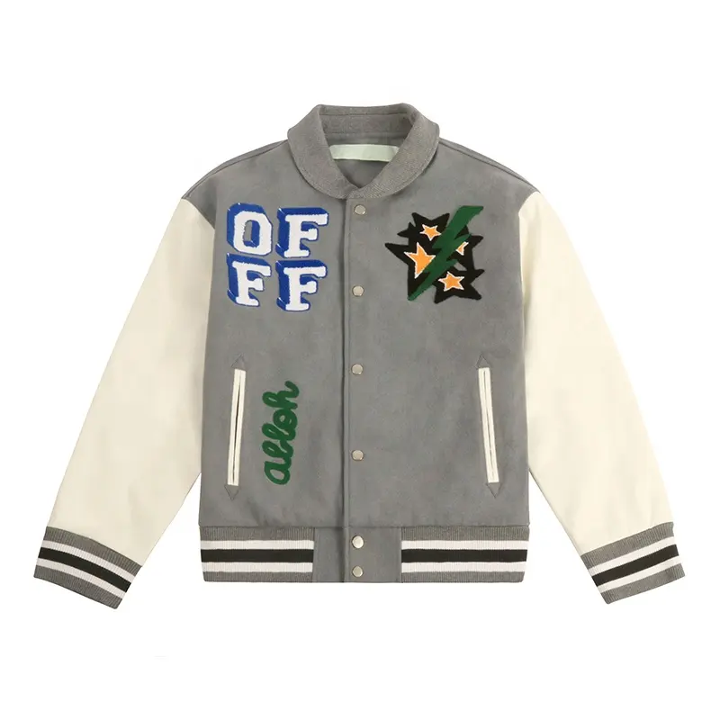 New design street fall fashion gray pilot bomber jacket with chenille patches chic embroidery graffiti letterman varsity jackets
