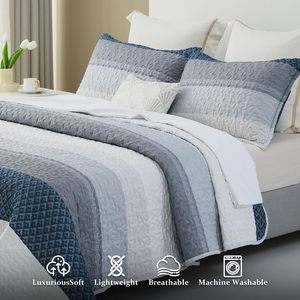 100% algodón azul y azul marino rayas edredón <span class=keywords><strong>colcha</strong></span> 3 piezas granja suave Reversible <span class=keywords><strong>colcha</strong></span> juego <span class=keywords><strong>de</strong></span> cama - Product Image 2
