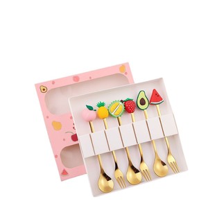 Cuchara de acero inoxidable, tenedor de dibujos animados con forma de sandía y fresa, cuchara dorada para café, tenedor de frutas, juego de cubiertos para postre, juego de regalo. - Product Image 5