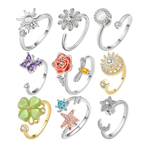 Anti Anxiety Fidget <strong>Rings</strong> Rose Gold Jewelry Crystal Four Leaf Clover Star Moon Women <strong>Sunflower</strong> Butterfly Spinner Rotatable <strong>Ring</strong> - Product Image 1