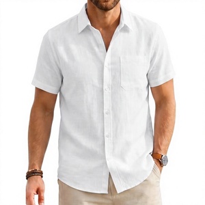 Chemises décontractées à manches courtes pour hommes en lin français 100 %, boutonnées, unies, 140g, mode estivale, avec poche – Vente en gros - Product Image 4