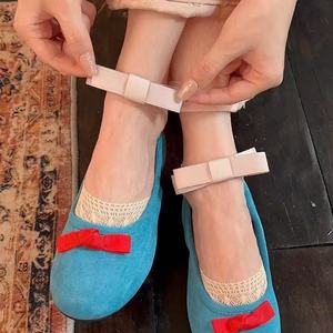 Lace Trimmed Bow Low Cut Invisible <b>Socks</b> Women Breathable Cotton Boat <b>Socks</b> Solid Color <b>Black</b> Beige Youth 18-40 Years Old - Product Image 1