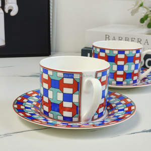ชุดถ้วยกาแฟเซรามิกลายตารางแดงน้ำเงินสไตล์ยุโรปสุดหรู ขายดี - Product Image 1