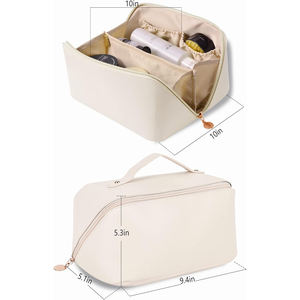 Customized Organizer Beauty Pouch Pu Leather Open <b>Flat</b> Cosmetic <b>Pillow</b> Makeup Storage Travel Toiletry Bag With Gold Zipper - Product Image 3