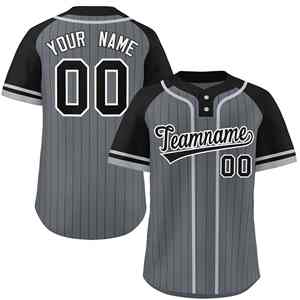 Maillot de softball personnalisé gris foncé à rayures noir-gris, manches raglan, authentique, à deux boutons - Product Image 1