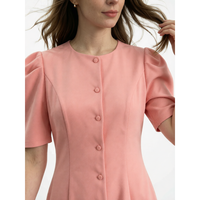 Robe rose à manches bouffantes avec col et boutons sur le devant, longueur genou, printemps-été pour femmes
