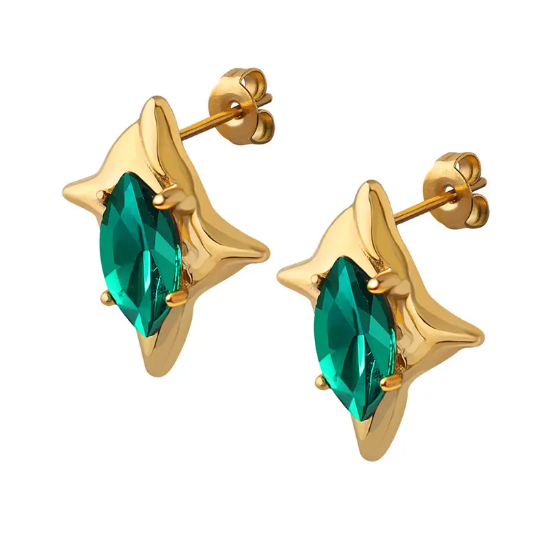 Mode Stainless Steel Emerald Gemstone Anting Stud Berbentuk Bintang untuk Wanita