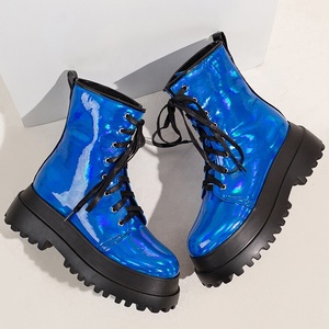 Bright Patent Thick Soles Flat Women's Short <b>Boots</b> High <b>Platform</b> Flats With Ankle Booties Metallic Leather Lace up Shoes - Product Image 6