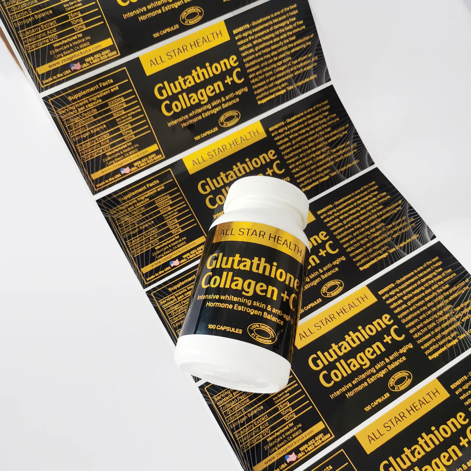 맞춤형 비타민 병 포장 라벨 디자인 Solgar Etiqueta 금박 스티커 보충 병에 대한 사용자 정의 라벨
