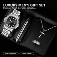 Ensemble cadeau de bijoux pour homme tendance : montre-bracelet à quartz de luxe, collier croix argentée, bracelet chaîne gourmette et bague (4 pièces)