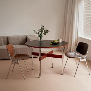 Mesa de Comedor Redonda de Madera Maciza con Patas de Acero Inoxidable, Estilo Moderno de Mediados de Siglo, para Apartamentos Pequeños, Estructura Estable con Marco de Caja - Product Image 4