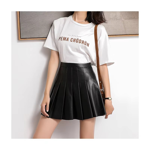 3327 Sample Available Black High Waist Pleated a Line Genuine Leather Short Skirt for Women