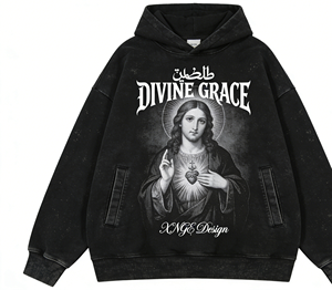 Sudadera con Capucha Oversize Estampada Corazón Sagrado de Jesús Lavado Estilo Vintage, Sudadera Urbana con Gráfico de Gracia Divina para Hombre - Product Image 1