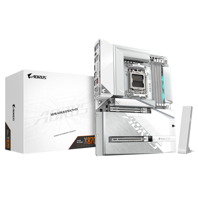 Gigabyte X870 AORUS STEALTH ICE White Ice Sculpture Gaming Motherboard with AMD5 Back Insert