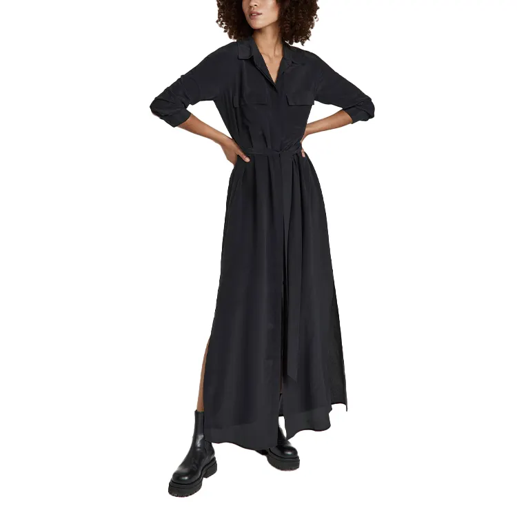Ladies casual polyester hip pocket crepe collared neck Long Shirt Dress for women fashion