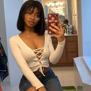 Joedir Summer Break Sale 100% Perruques de cheveux humains brésiliens Remy à double tirage Perruques courtes et droites Bob avec franges aériennes - Product Image 1