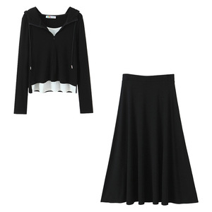 Happy Plus Ensemble deux pièces pour femme, noir, gris, couleur unie, tricot modal, costume décontracté à capuche, grande taille N9490 - Product Image 3