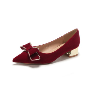 <b>Red</b> Velvet Pointed Toe Kitten Heel Bridal Shoes With <b>Bow</b> Decoration Comfortable Wedding Party Pumps Size 3333H-058 - Product Image 5
